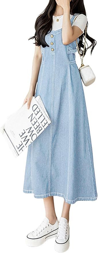 CHARTOU Women's Elegant Straps Back Smocked A-Line Long Skirt Denim Overall Pinafore Dress | Amazon (US)