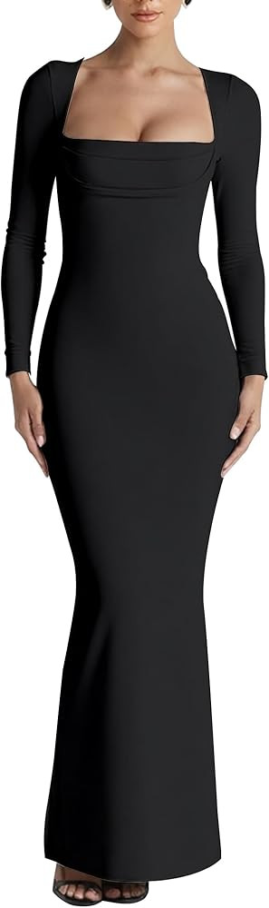 Kaximil Women's Sexy Long Sleeve Square Neck Bodycon Maxi Dress Split Cocktail Formal Long Dresse... | Amazon (US)
