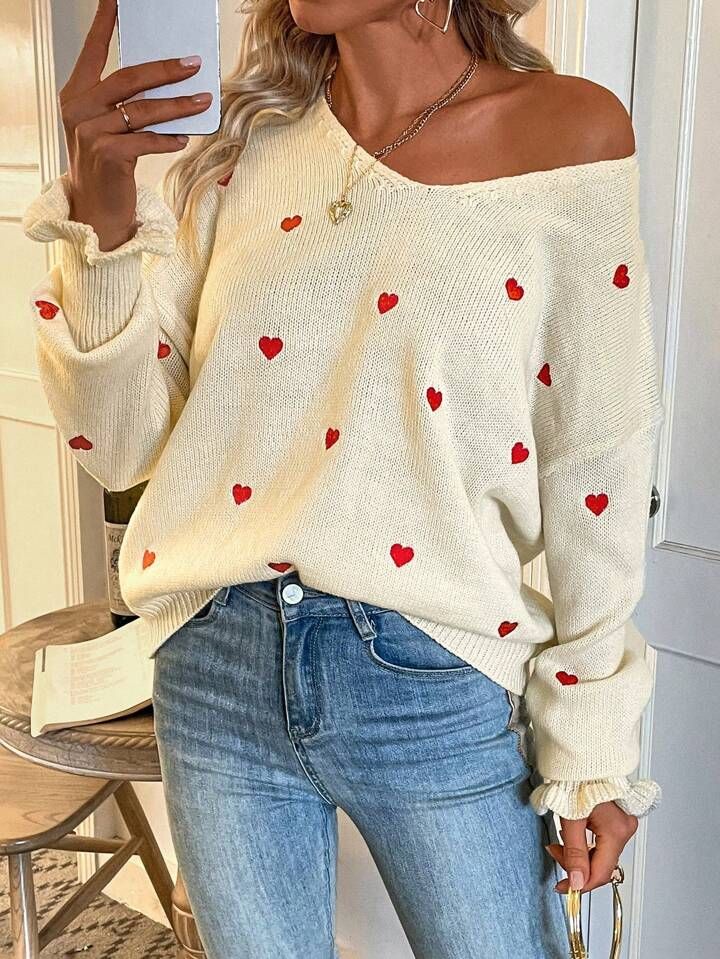 SHEIN LUNE Heart Pattern V-Neck Leisure Sweater | SHEIN