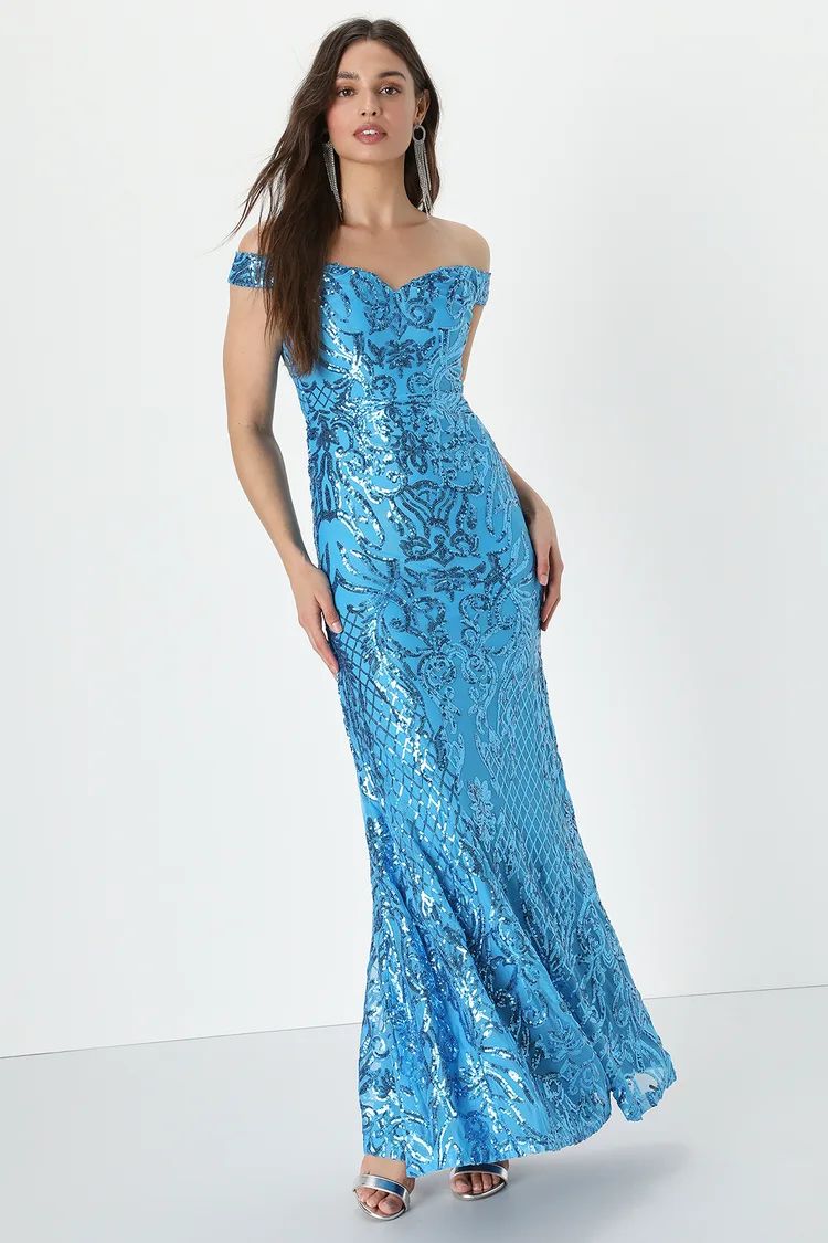 Dramatic Dynamic Blue Sequin Off-the-Shoulder Maxi Dress | Lulus (US)