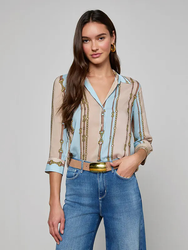 Camille Blouse in Taupe/Light Sage Belt Stripe | L'AGENCE | L'Agence