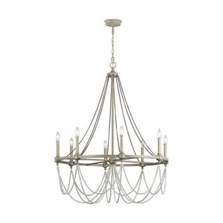 Generation Lighting Beverly 8-Light French Washed Oak and Distressed White Wood Beaded Wagon Whee... | The Home Depot