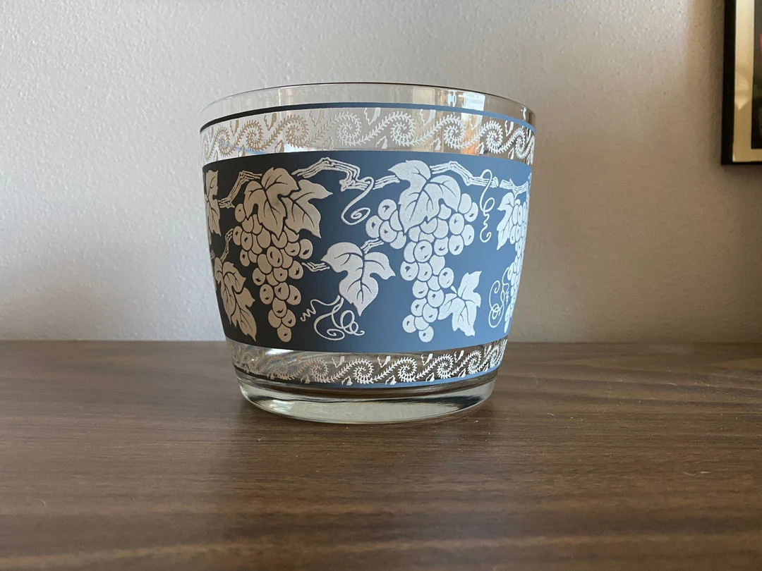 Jeannette Glass Ice Bucket Corinthian Blue Mid Century Snack Serving Grape Design Pattern Mediter... | Etsy (US)
