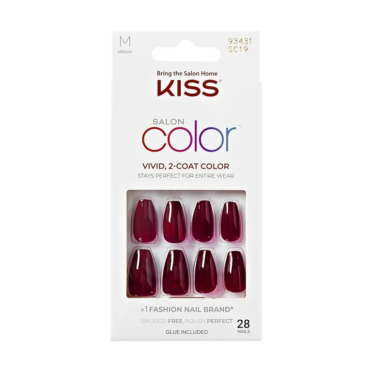 KISS Salon Color Press on Nails, Main Squeeze, Red, Medium Coffin, 28 Count | Walmart (US)