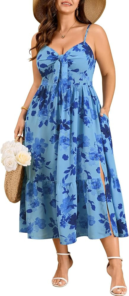 SCOMCHIC Womens Plus Size Summer Maxi Sun Dress Spaghetti Strap Tie Front Smocked Ruffle Split Casual Boho Beach Dresses | Amazon (US)