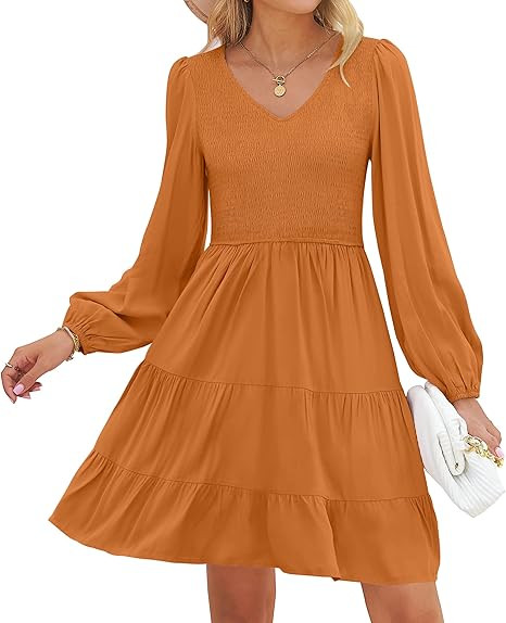 ZESICA Women's Casual V Neck Long Sleeve Smocked High Waist Ruffle A Line Tiered Mini Dress | Amazon (US)