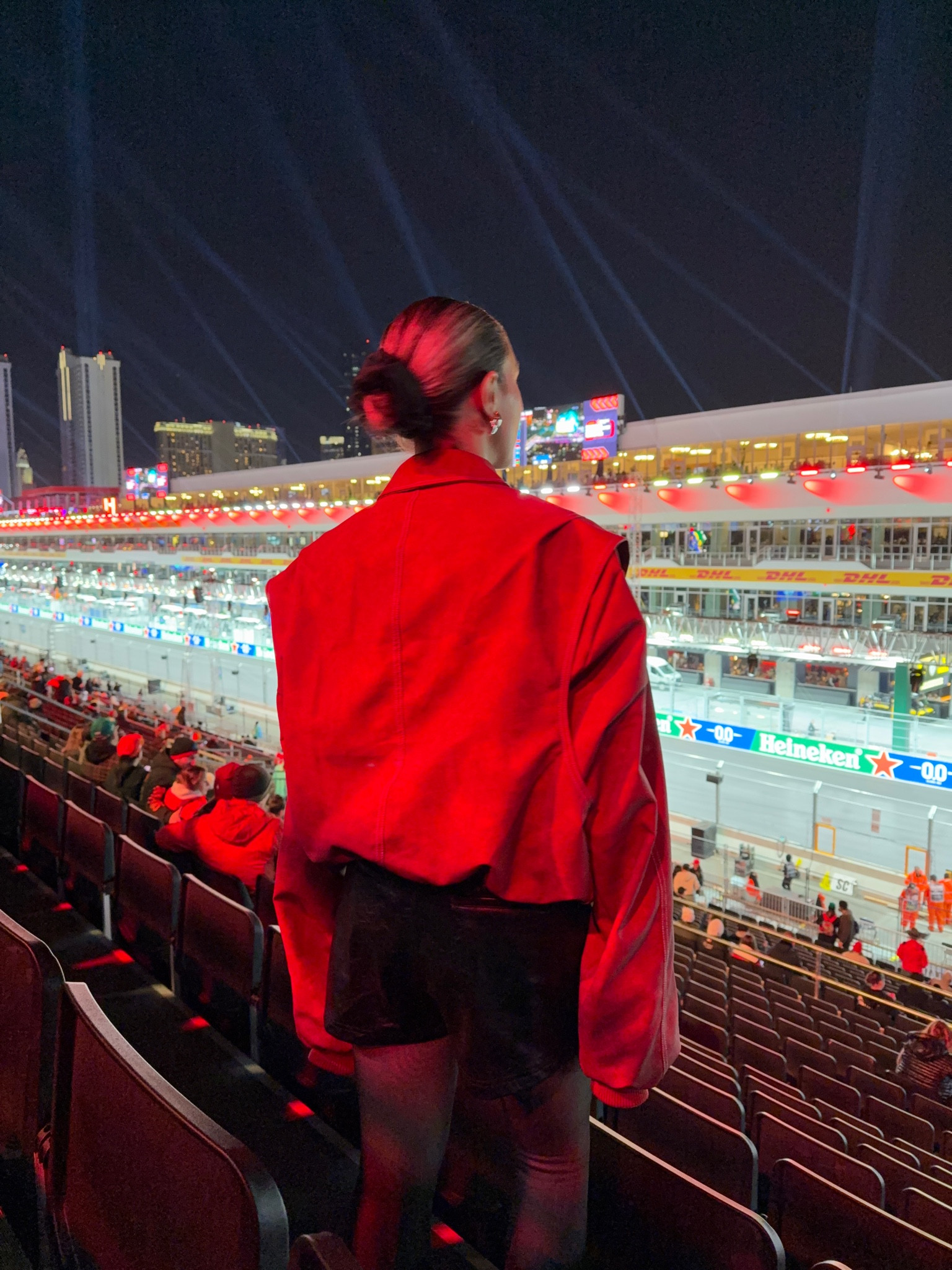 Formula one, formula 1, f1, race outfit, race style, Grand Prix outfit, red jacket, red bomber, black long sleeve, basic long sleeve, leather shorts, black leather shorts, fleece lined tights, chunky loafers