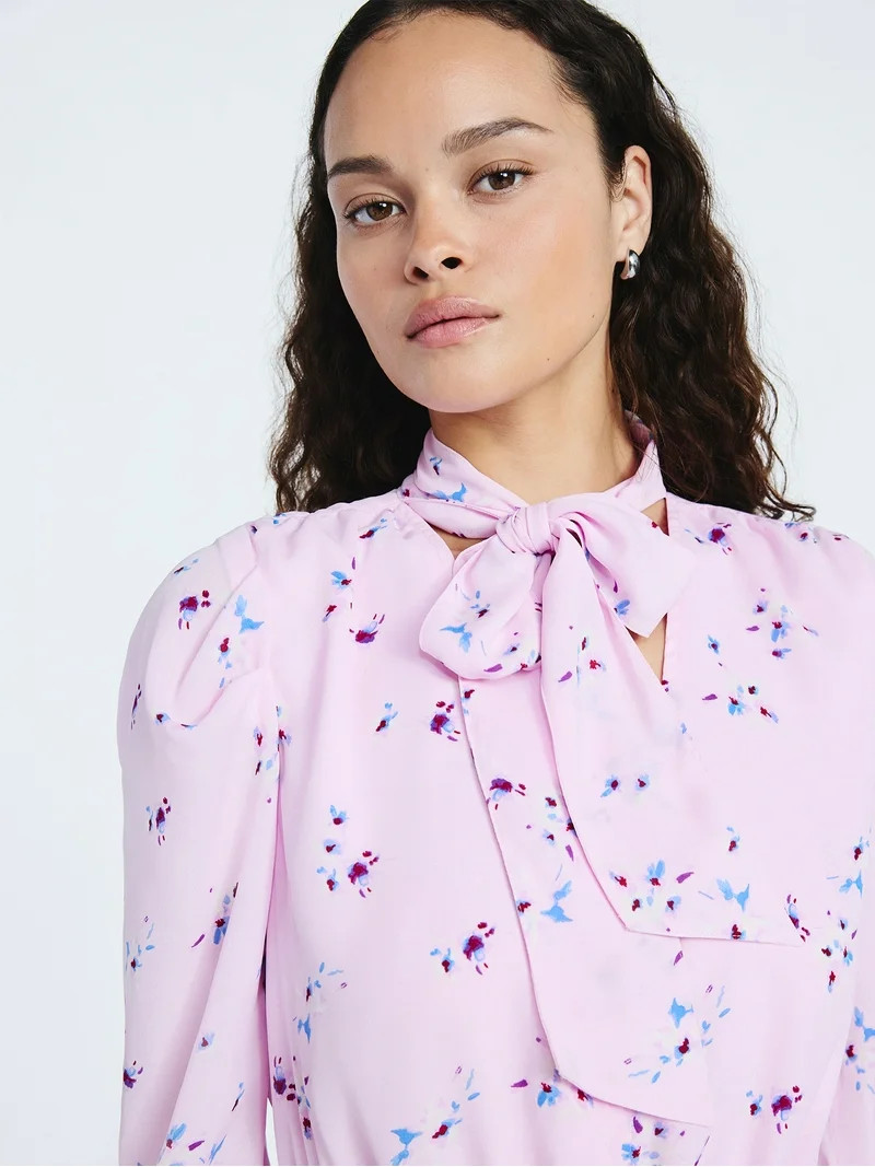 Scoop Women's and Women's Plus Tie Neck Mini Dress with Long Sleeves, Sizes XS-4X | Walmart (US)