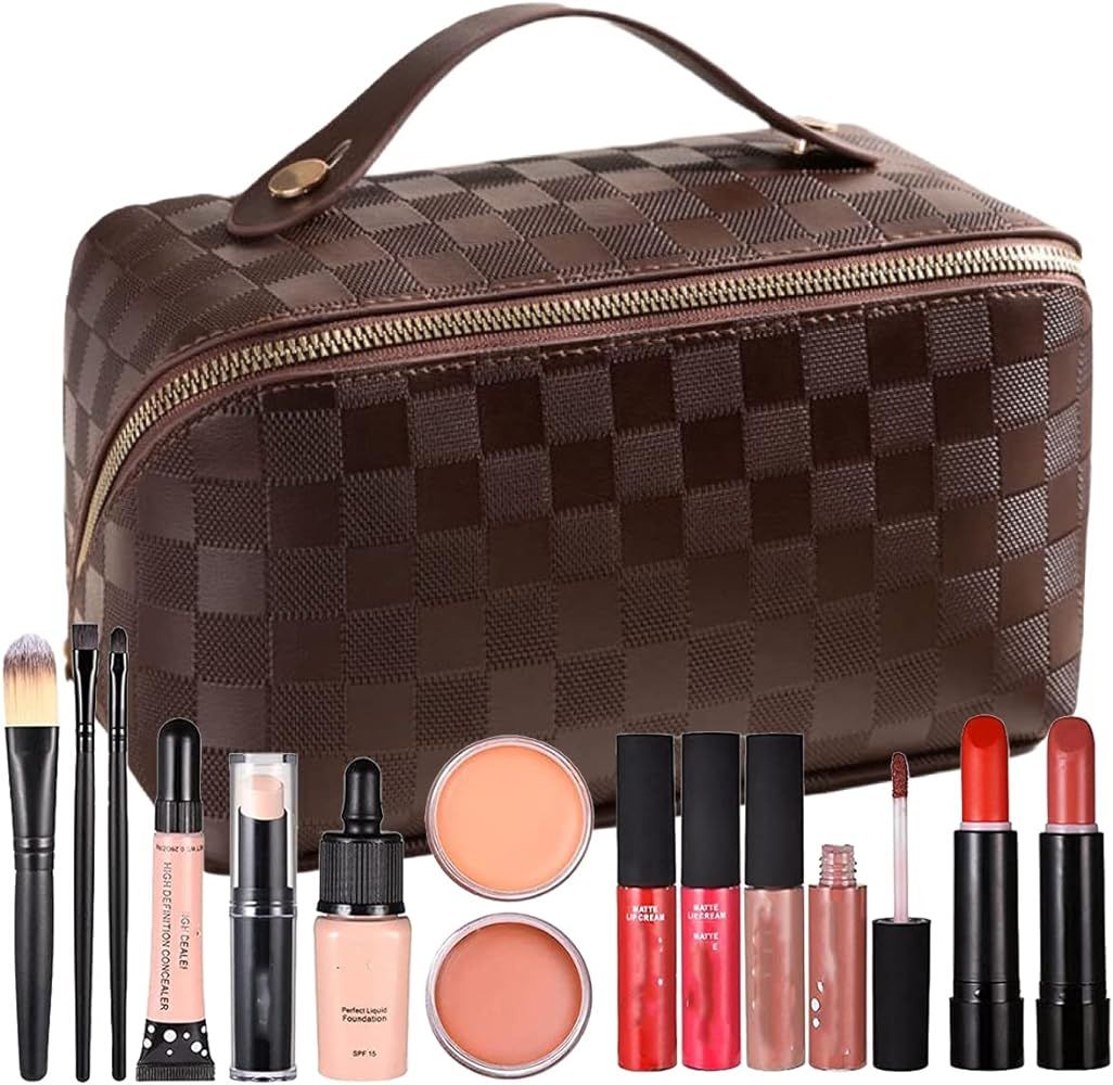 CIREA Brown Large Capacity Travel Cosmetic Bag Plaid Checkered Makeup Bag PU Leather Waterproof S... | Amazon (US)
