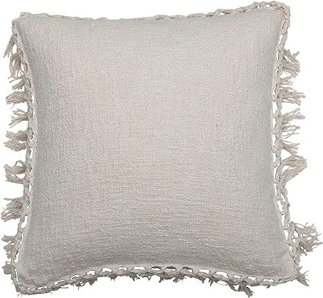Bloomingville Neutral Decorative Cotton Crocheted Square Throw Fringe Pillow, Cream | Amazon (US)