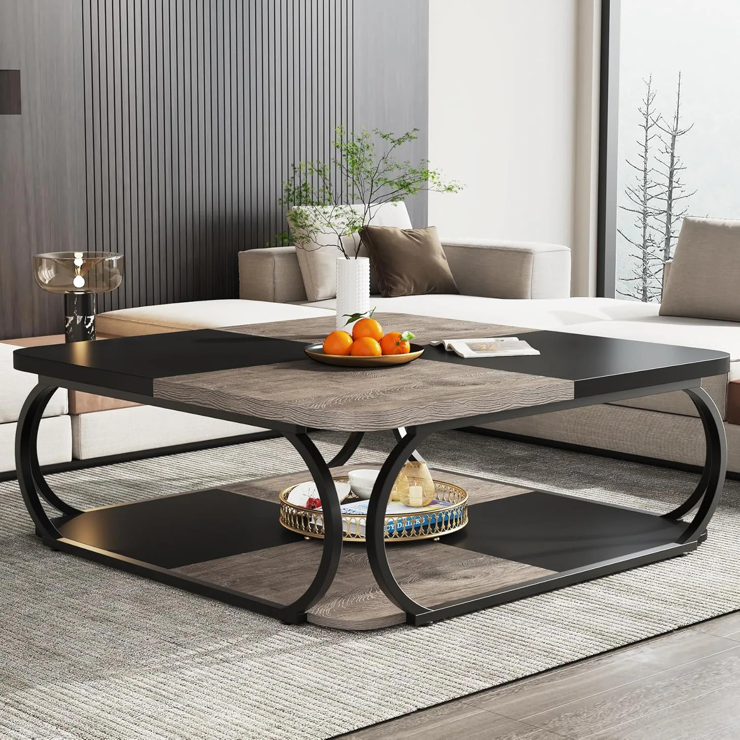 Tribesigns Coffee Table with Open Storage Shelf for Living Room 39 inches Large Wood Center Table Square Low Coffee Tables 2 Tiers Farmhouse Tea | Lowe's