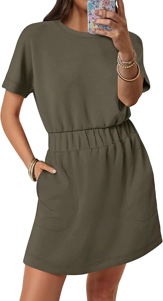 ANRABESS Womens Dresses 2025 Summer Casual Short Sleeve Crew Neck Elastic Waist Mini T Shirt Dres... | Amazon (US)