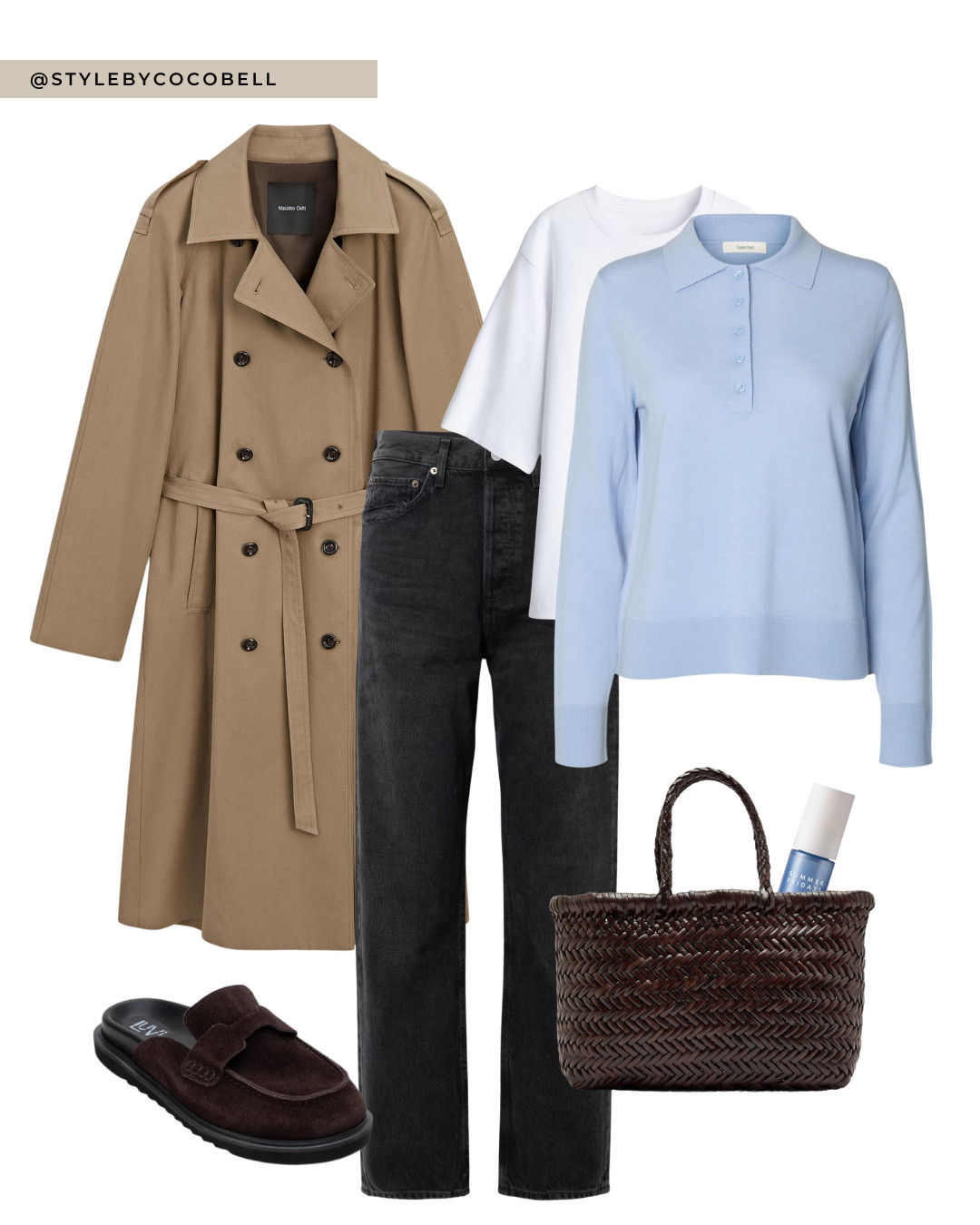 icy blue sweater, light blue knit, polo sweater, spring layering outfit, neutral trench coat, beige trench coat, black straight leg jeans, dark denim jeans, brown loafers, suede loafers, woven brown tote bag, everyday chic outfit, minimalist spring look, scandi style, icy blue color trend

#LTKstyletip #LTKspring