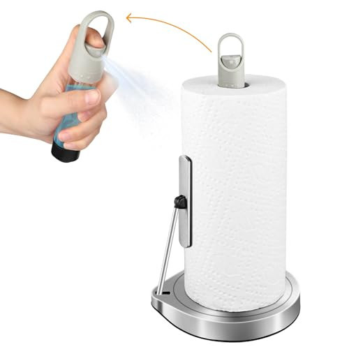 AIDEA Paper Towel Holder with Spray Bottle, Kitchen Towel Holder for Countertop, Spring Arm for Easy Tear, One-Handed Stainless Steel Paper Towel Dispenser with Weighted Base, Silver | Amazon (US)