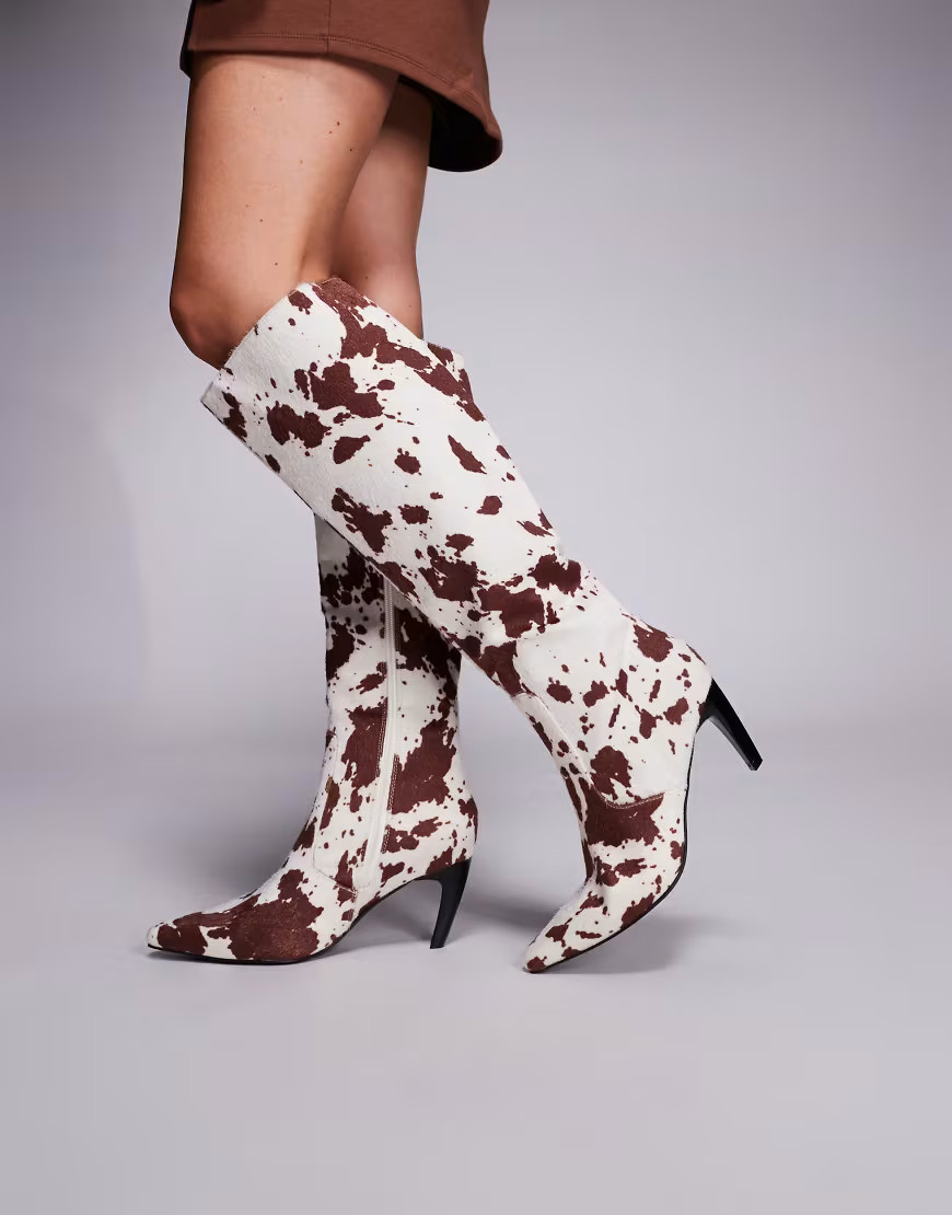 Simmi Lapis heeled knee boots in cow print-Multi | ASOS (Global)