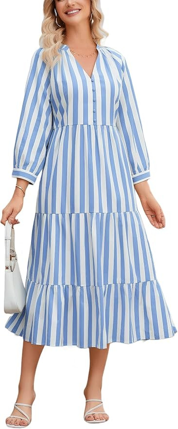 Ladyful Womens Striped Midi Dress 3/4 Sleeve Casual Flowy Tiered Long Dress V Neck Beach Sundress | Amazon (US)