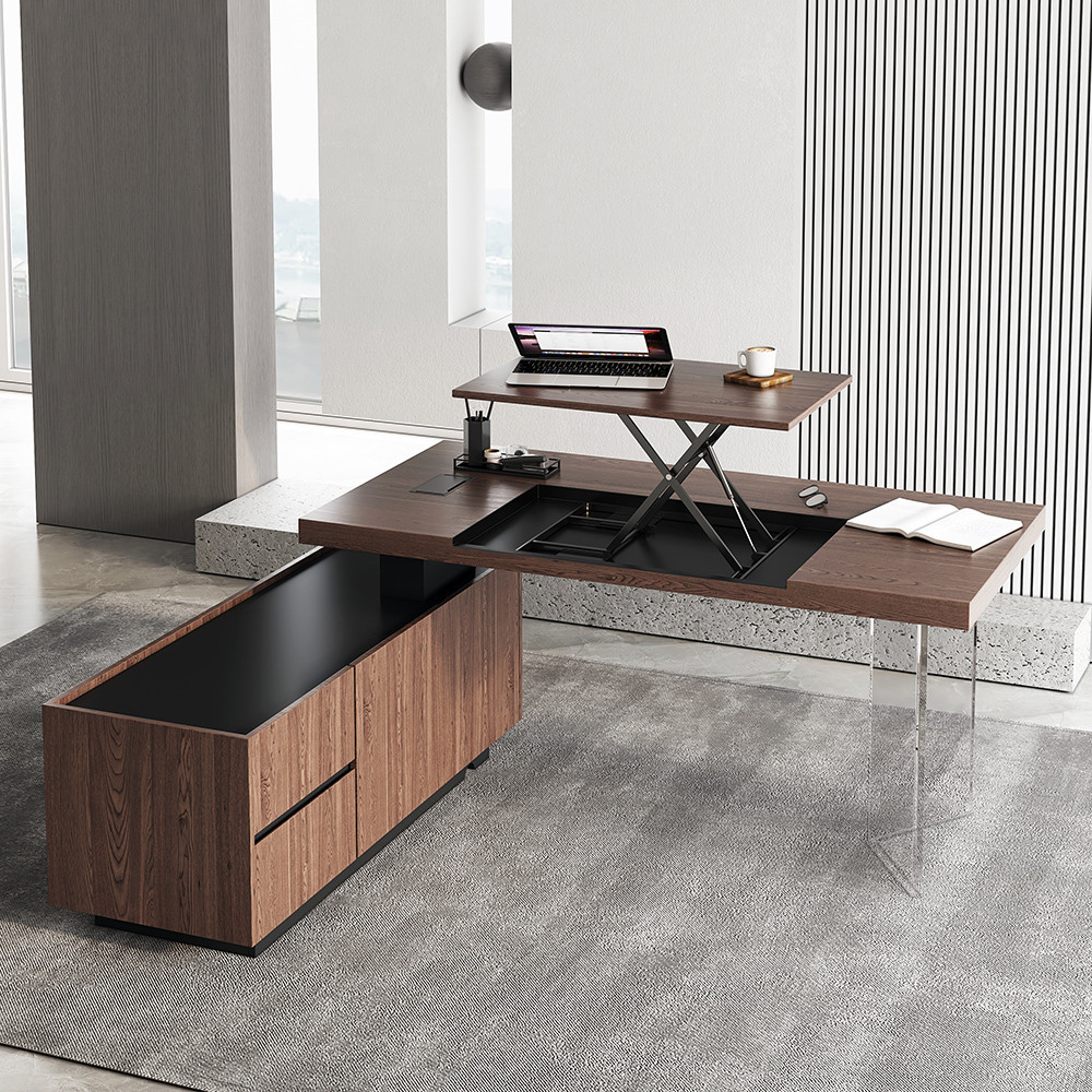 71.5" Modern Walnut L-Shape Executive Desk with Side Cabinet Height Adjustable Desktop Standing Desk with Clear Arcylic Leg | Homary