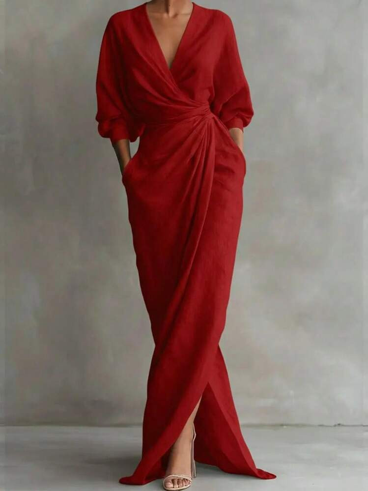 2026 New Elegant Solid Color V Neck Long Sleeve Slit Waist Pocket Midi Dress For Women Chic European And American Style Party Casual Bodycon Maxi Dress With Side Slits | SHEIN