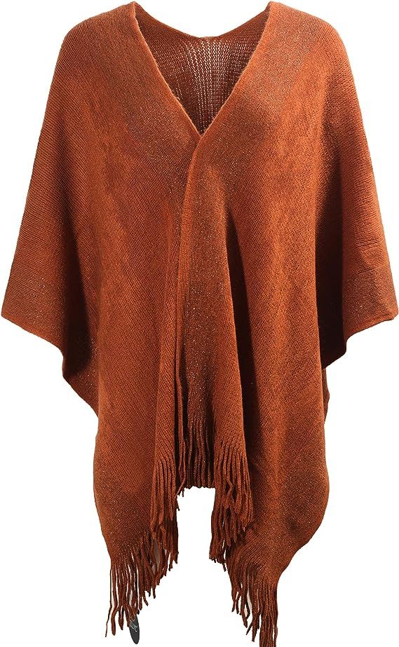 ZLYC Women's Shawl Golden Trim Knit Blanket Wrap Fringe Poncho Coat Cardigan | Amazon (US)