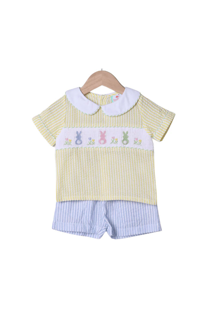 Smocked Seersucker Color Block Bunny Short Set | The Smocked Flamingo