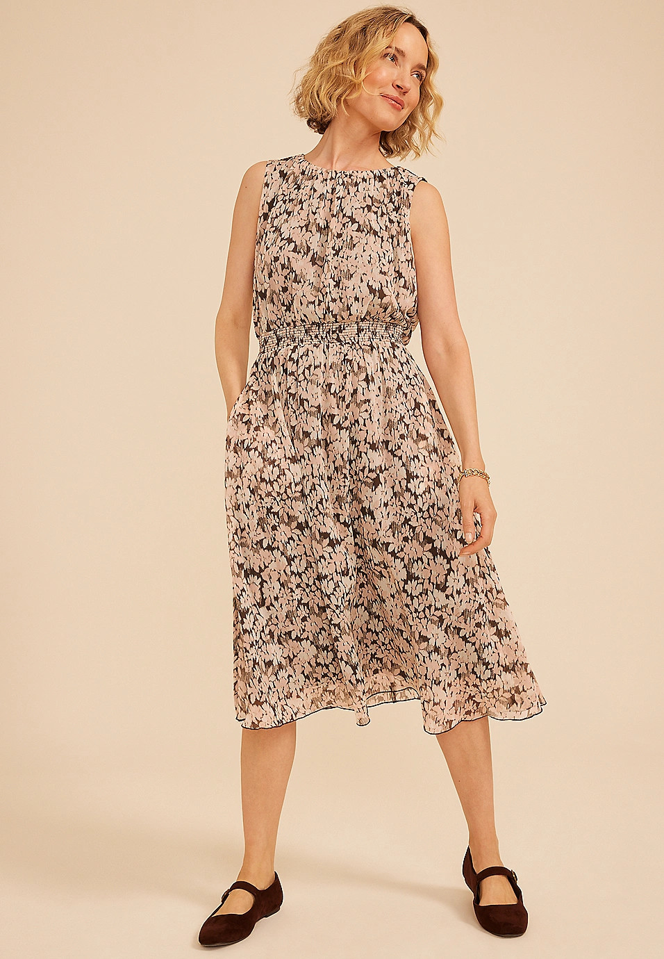 Bare Printed Smocked Waist Midi Dress | Maurices