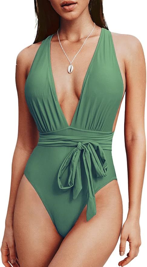 CUPSHE Women’s One Piece Swimsuit Sexy Deep V Neck Bathing Suit Crisscross Back Self Tie | Amazon (US)