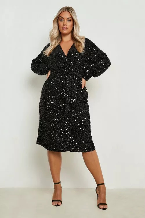 Plus Velvet Sequin Wrap Midi Dress | Boohoo.com (UK & IE)