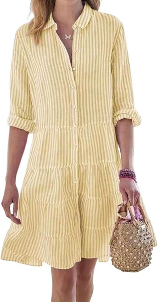 utcoco Womens Striped Button Down Midi Shirt Dress Casual Loose Cuffed Long Sleeve Mid Long Dress... | Amazon (US)