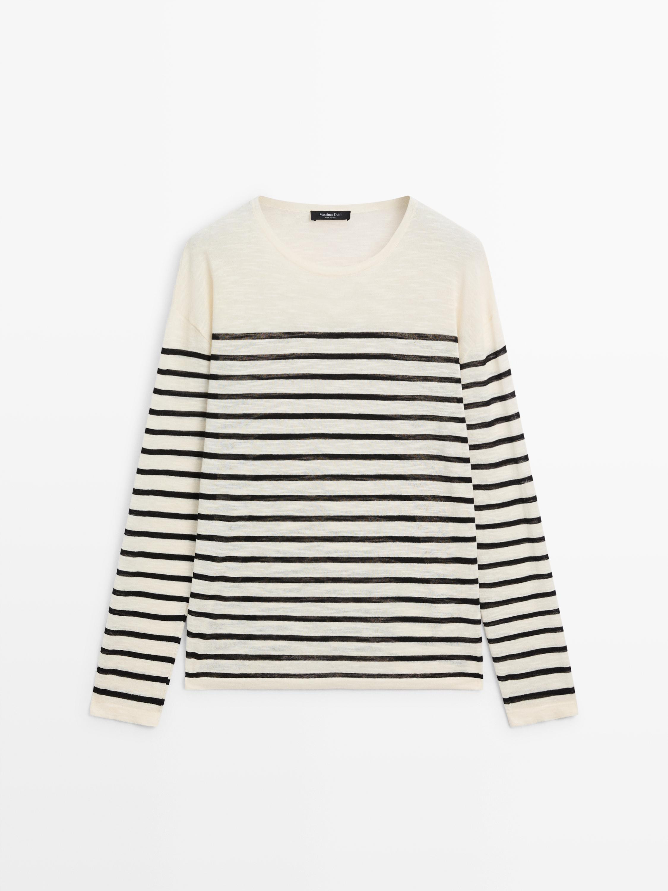 Cotton blend striped long sleeve T-shirt | Massimo Dutti UK