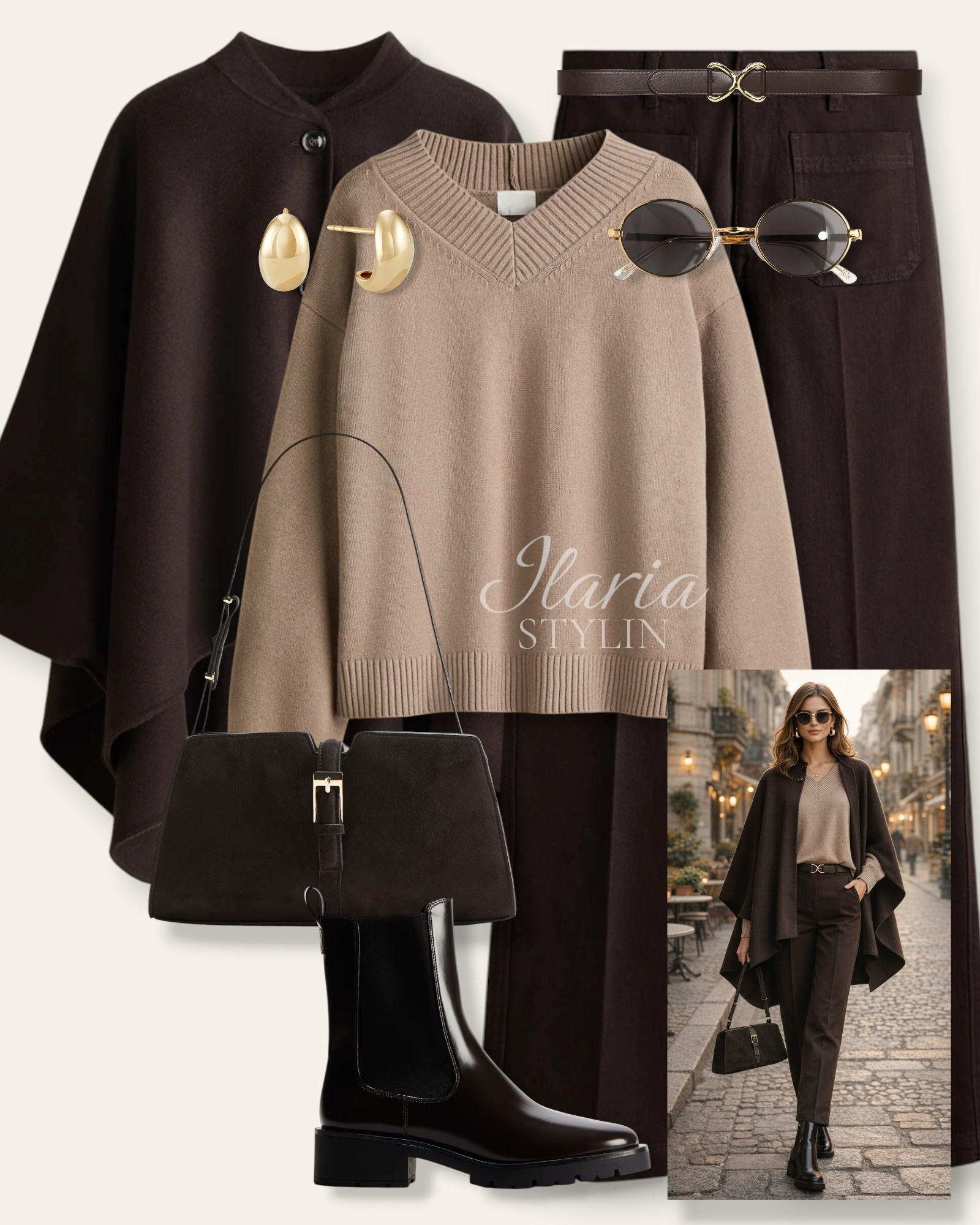 A refined everyday look featuring a deep brown cape, soft beige knit, tailored jeans, and leather ankle boots, accented with gold hoops and a structured handbag 🤎

outfit ideas, brown jacket, cape jacket, wool-blend cape, beige sweater, v-neck sweater, brown jeans, wide leg jeans, dark brown boots, chelsea boots, dark brown bag, suede bag, shoulder bag,  casual outfit, casual chic outfit

#LTKootd #LTKSeasonal #LTKWorkwear