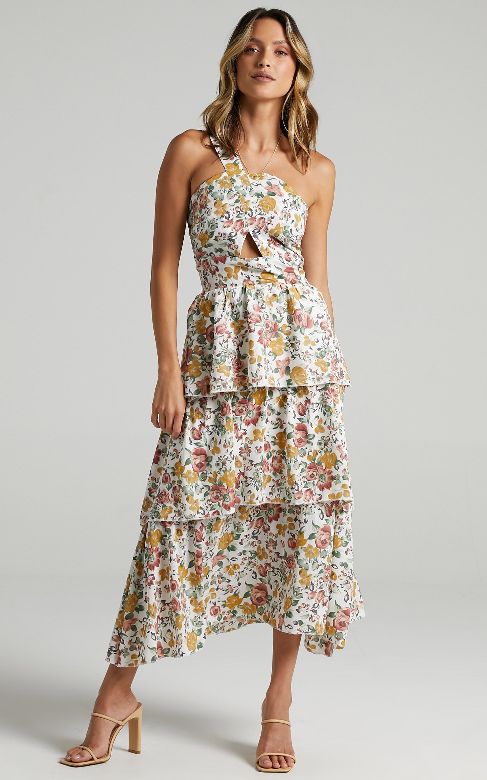 Caro One Shoulder Tiered Mini Dress in Multi Floral | Showpo (US, UK & Europe)