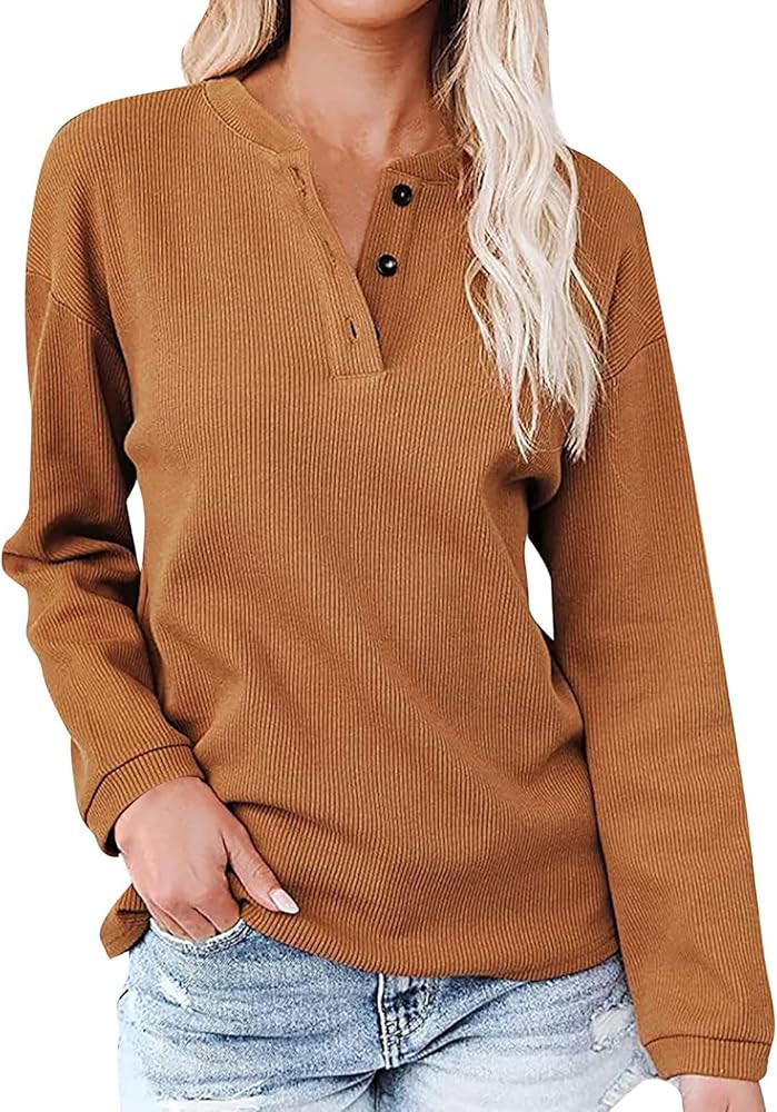 Bing-BBsusus Womens Fall Fashion 2022 Solid Long Sleeve Tops Trendy Ribbed Henley Shirt Loose Cas... | Amazon (US)