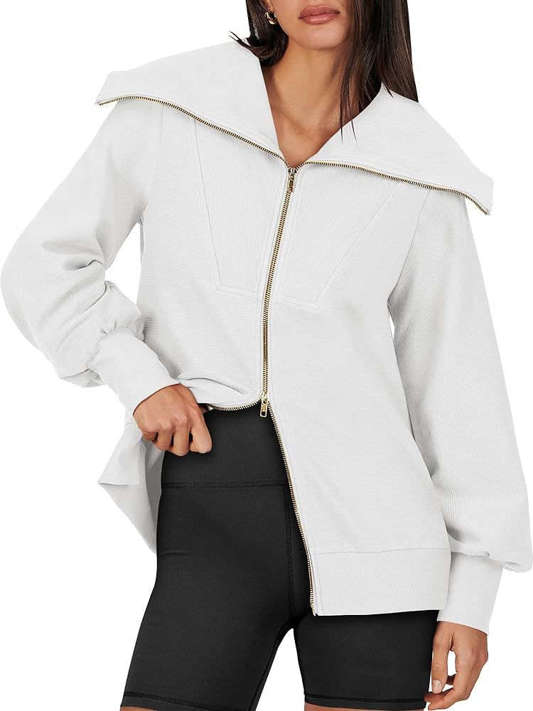 Caracilia Womens Zip Up Sweatshirt Oversized Hoodies Sweater Cute Casual Outfits Top 2024 Fall Wi... | Amazon (US)