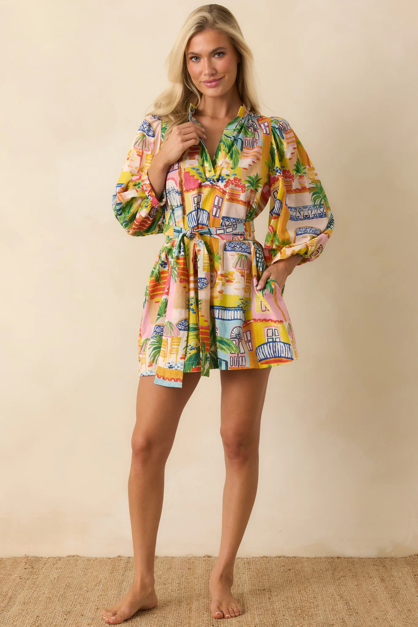 Paradisa Conch Key Multi Coastal Village Print Cotton Mini Dress | Red Dress