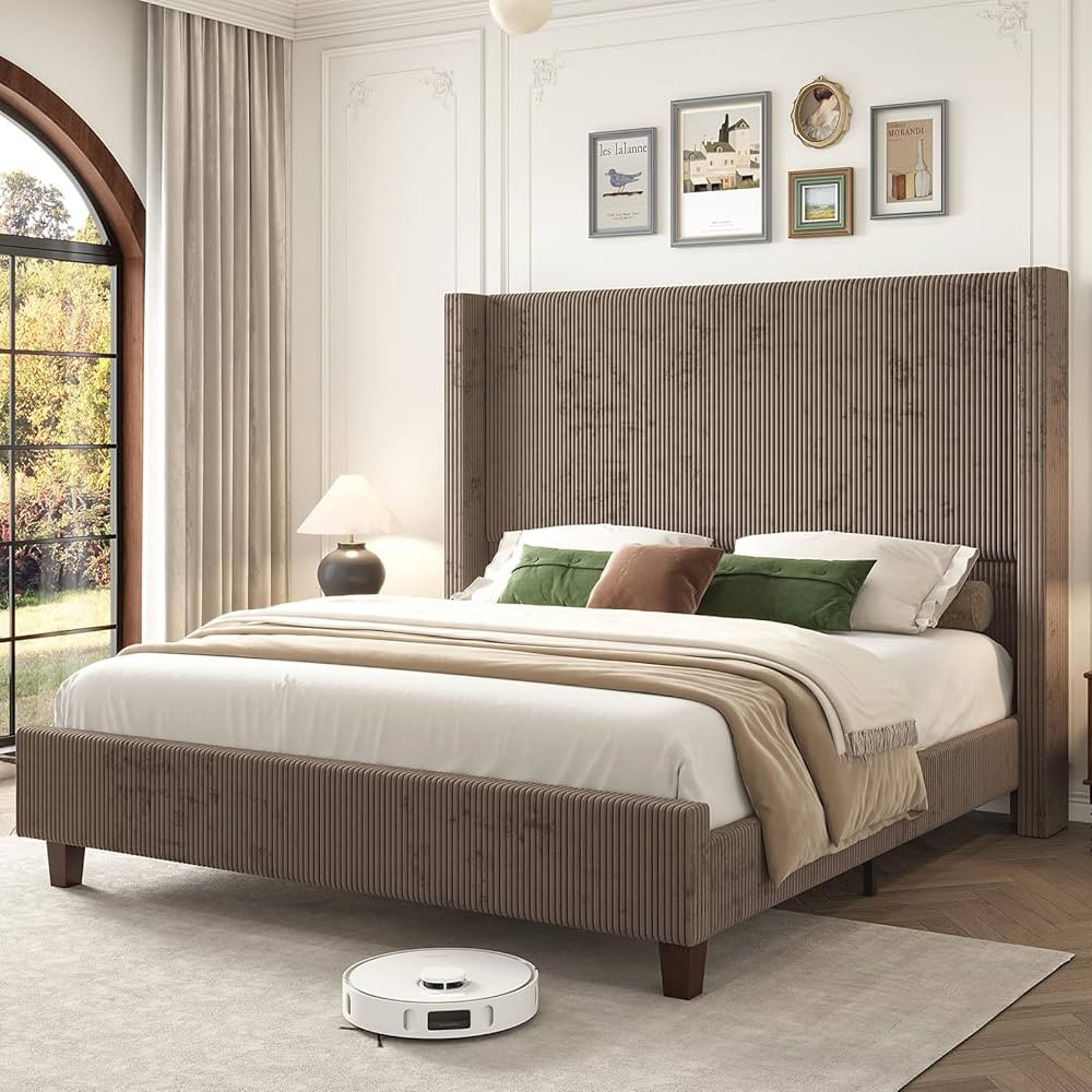 HOWE Queen Size 61" Corduroy Upholstered Bed Frame, Platform Bed with Vertical Stripe Wingback He... | Amazon (US)