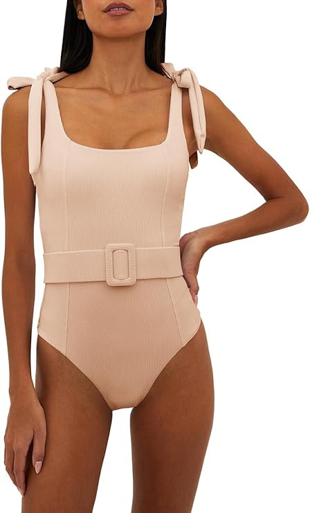 Saodimallsu Womens Sexy One Piece Bathing Suit High Cut Knit Square Neck Tied Strappy Swimsuit wi... | Amazon (US)