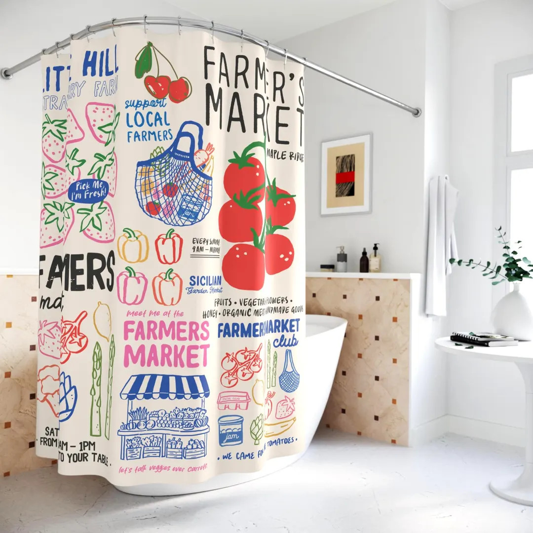 Hand Drawn Doodle Shower Curtain Brunch Shower Curtain Unique Bathroom Decor Housewarming Farmer'... | Etsy (US)