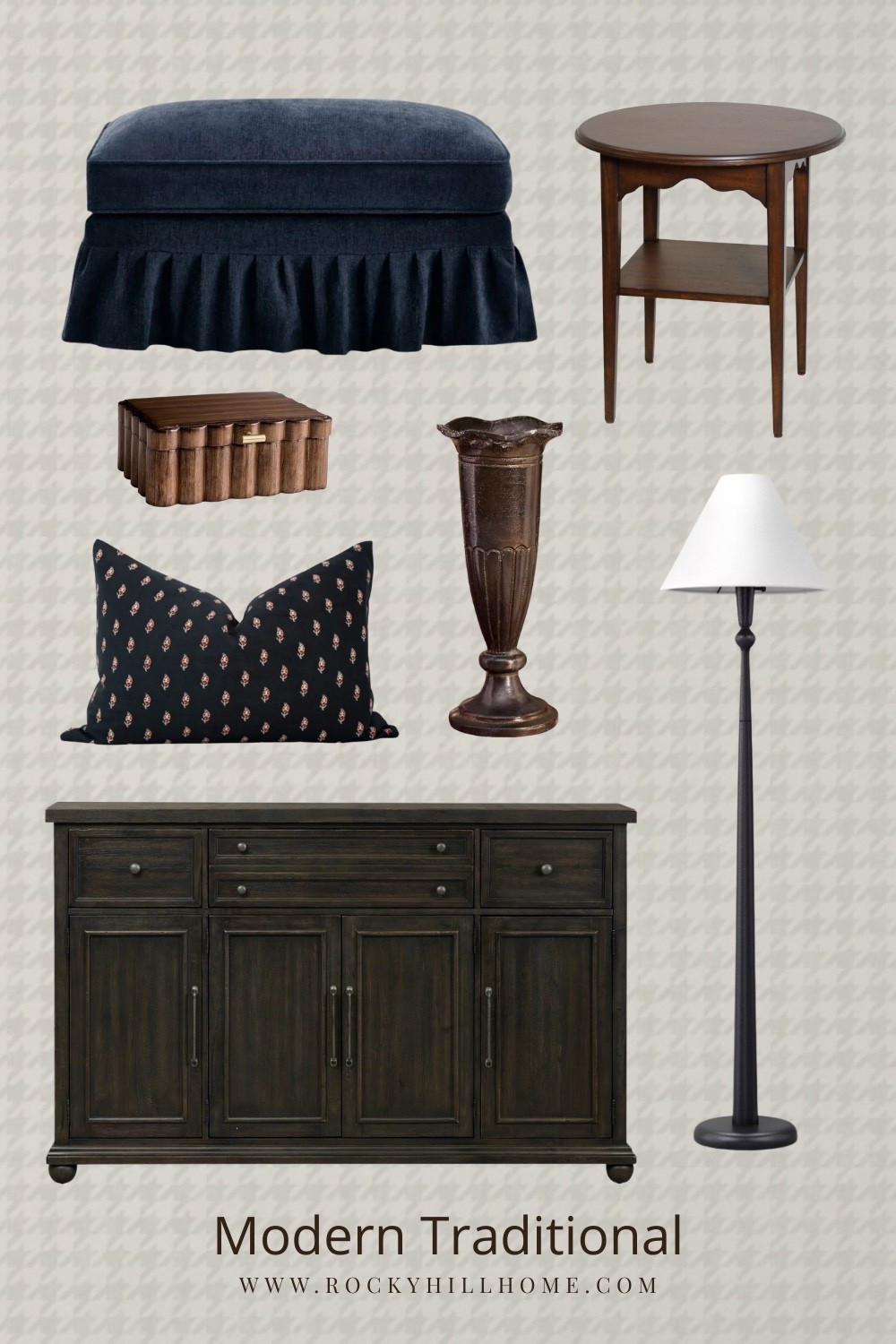 Heritage vibes with this furniture and decor roundup including a dark blue ottoman, floor lamp, sideboard, and side table

#LTKHome #LTKFindsUnder100