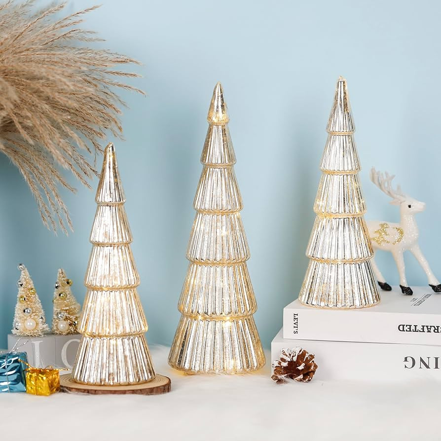 3 Pcs Mercury Glass Christmas Tree with Lights Table Top Gold Christmas Tree Holiday Home Tableto... | Amazon (US)