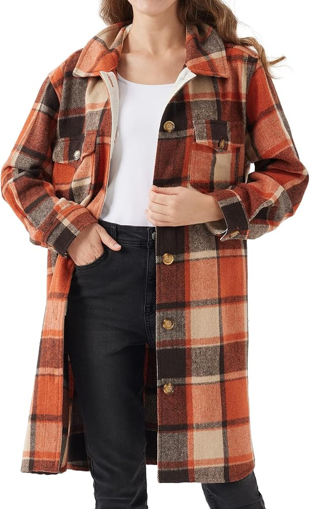 URBEST Women's Oversized Plaid Shacket - Cozy Long Sleeve Button Down Jacket with Pockets, Knee L... | Amazon (US)