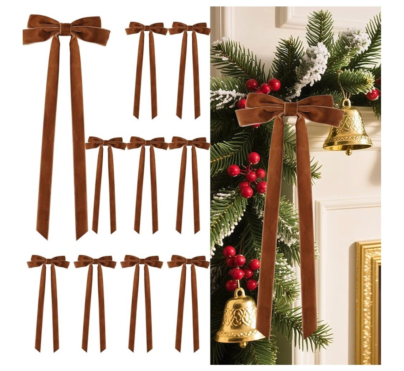 Senjie 10Pcs Large Velvet Christmas Tree Bows, 20in x 8in Premade Vintage Ribbon Tree Topper Bows Ornaments for Staircase Garland Wreath Holiday Home DIY Crafts Decorations, Light Brown

#LTKSeasonal #LTKHome