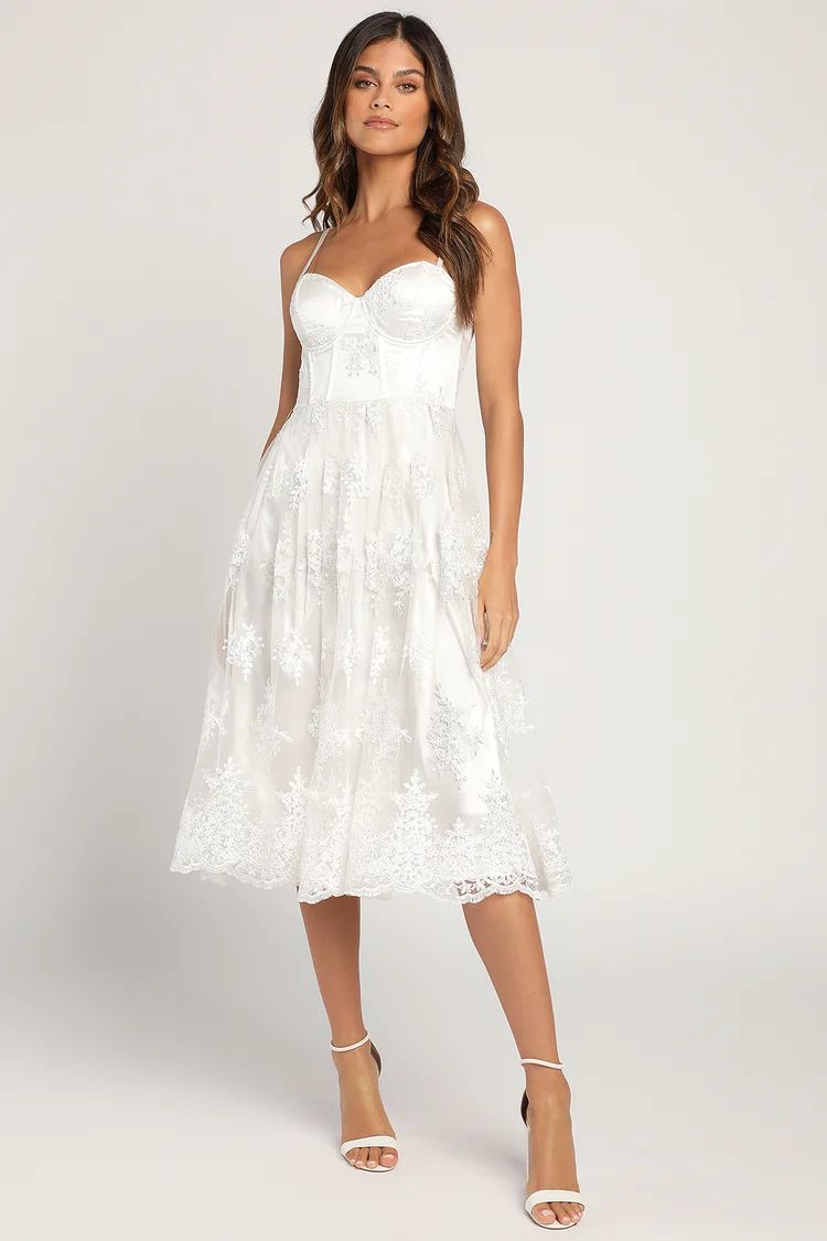 My Darling Daydreamer White Lace Bustier Midi Dress | Lulus
