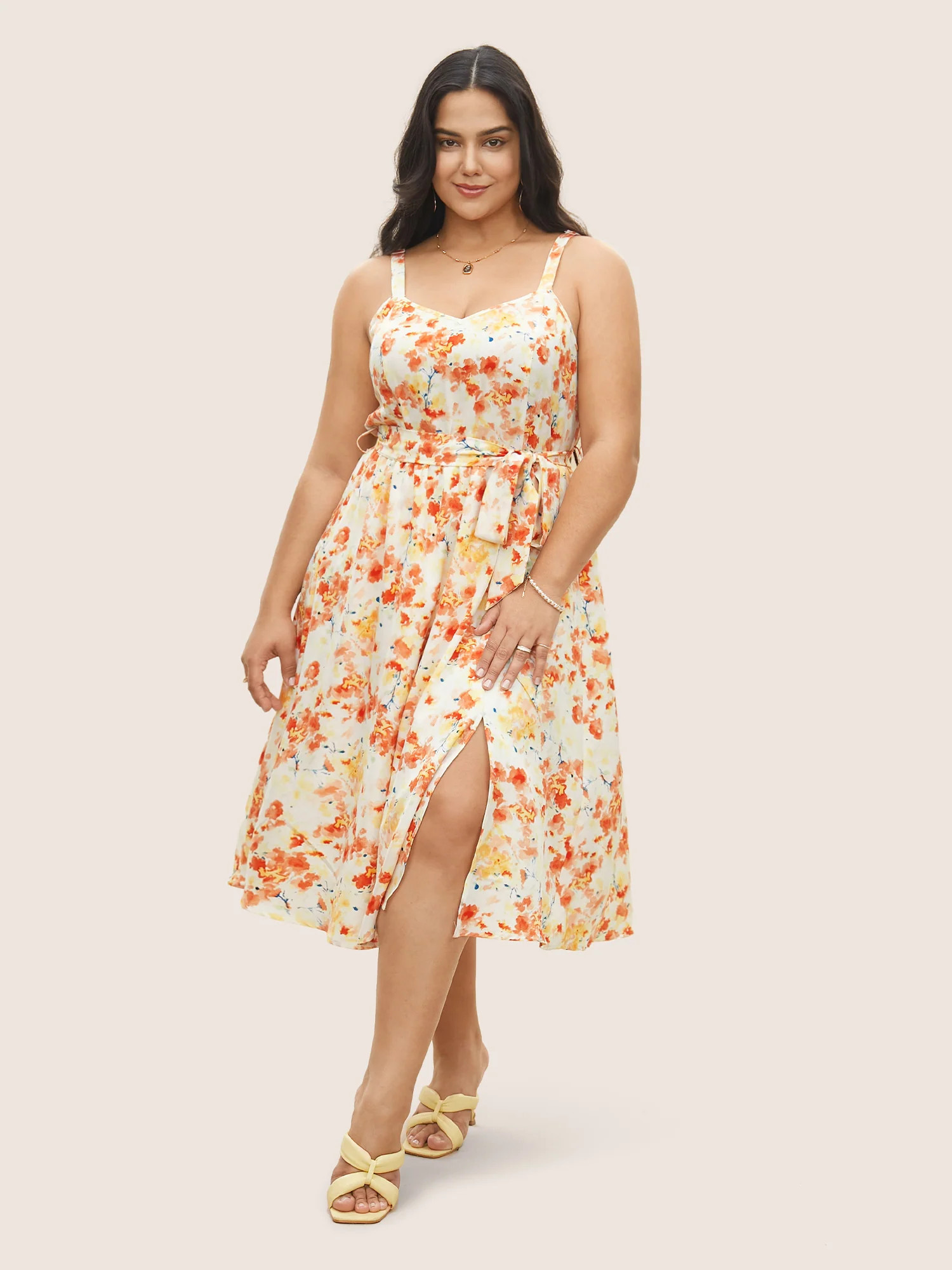 Ditsy Floral Elastic Waist Belted Adjustable Straps Dress | Bloomchic