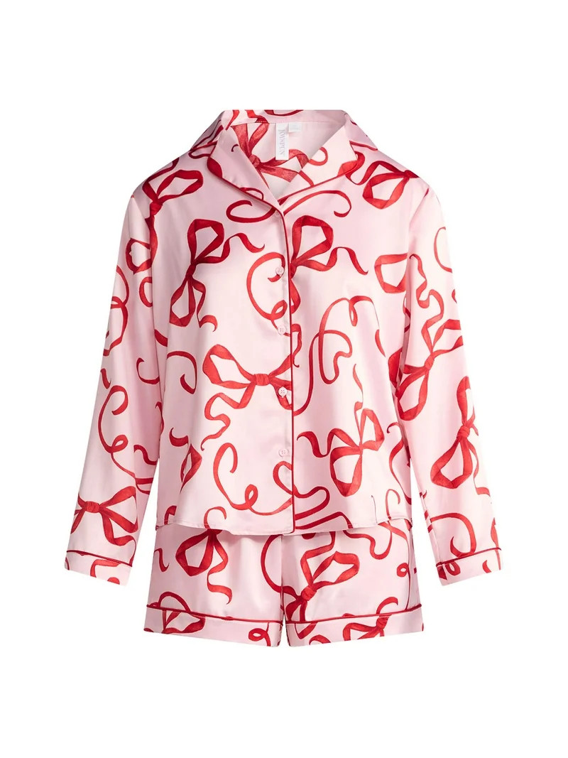 Joyspun Women’s Stretch Satin Notch Long Sleeve Top and Shorts Pajama Set, 2-Piece, Sizes XS-3X | Walmart (US)