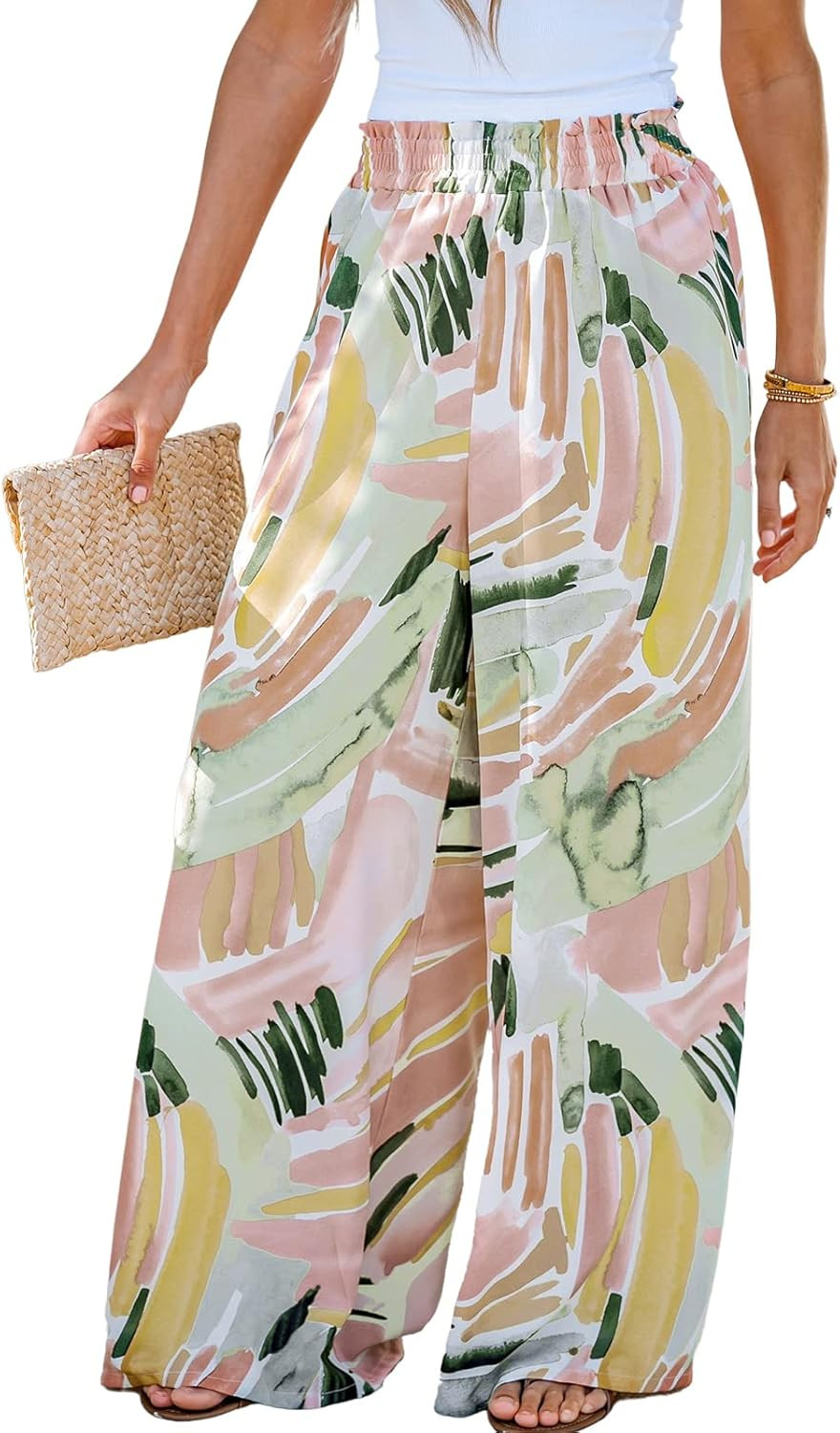 CUPSHE Women's Casual Wide Leg Smocked Pants High Rise Waisted Pants with Abstract Print | Amazon (US)