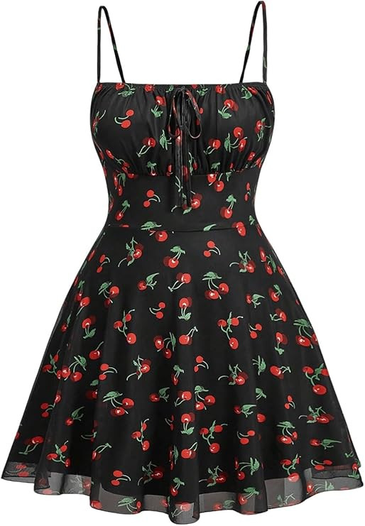 WDIRARA Women's Plus Size Cherry Print Tie Front Ruffle Hem A Line Cami Dress | Amazon (US)