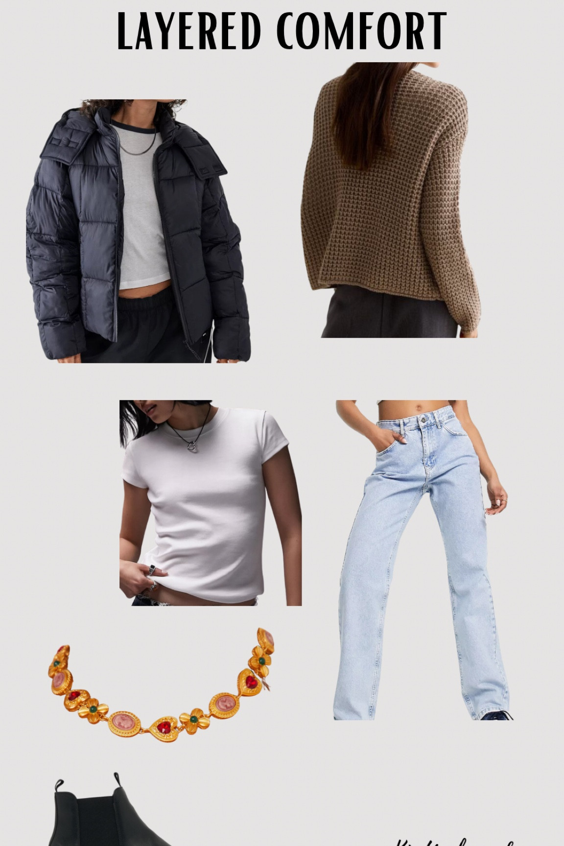 Layer up in style with a basic tee and a chunky knit cardigan paired with straight-leg jeans. Chelsea boots, a puffer coat, and a statement necklace complete this cozy yet chic look, perfect for those chilly school runs. #ltkfind