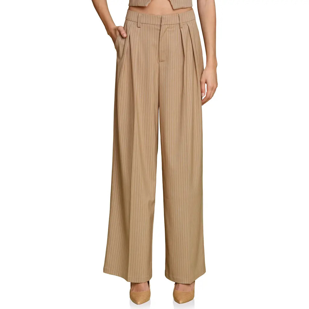 Avec Les Filles Pinstripe High Waist Wide Leg Pleat Front Pants in Camel Pinstripe at Nordstrom, Size 4 | Nordstrom