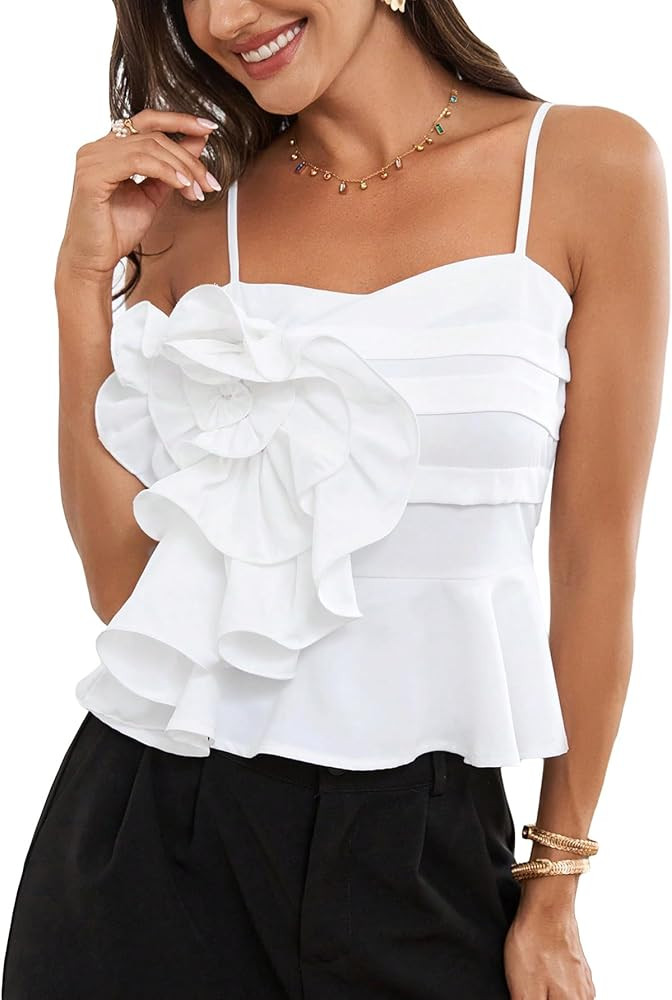 Women's Solid Valentine's Day 3D Flower Spaghetti Strap Ruffle Hem Top Tiered Layer Slim Fit Cami... | Amazon (US)