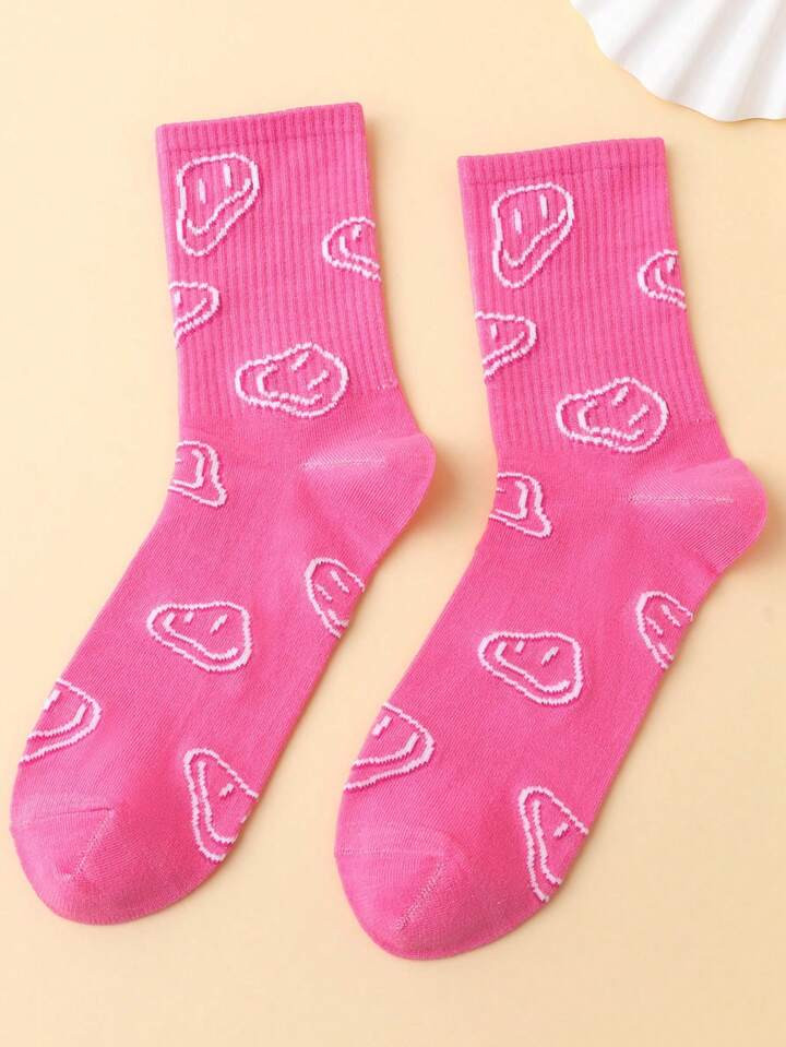 Alice Fashionable Pink Face Pattern Jacquard Mid-Calf Socks | SHEIN